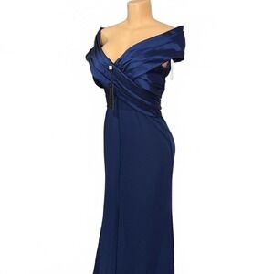 Tadashi Shoji Navy Off The Shoulder Ruched Bodice Gown Formal Dress Medium NWT
